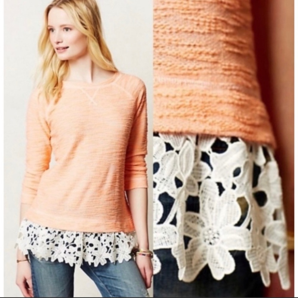 Anthropologie peach white lace trim sweater